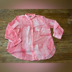 Sophisticated Euro Summer Pink & White Watercolor Sheer Button Up Blouse
